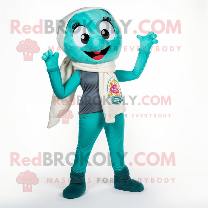 Teal Pizza mascot costume character dressed with a Yoga Pants and Scarf clips