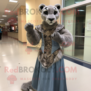 Gray Mountain Lion mascot costume character dressed with a Empire Waist Dress and Gloves