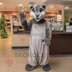 Gray Mountain Lion mascot costume character dressed with a Empire Waist Dress and Gloves