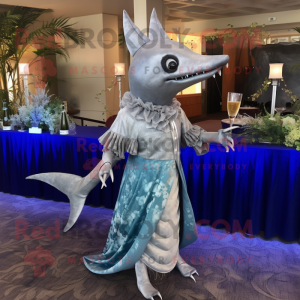 Silver Swordfish mascot costume character dressed with a Cocktail Dress and Shawls