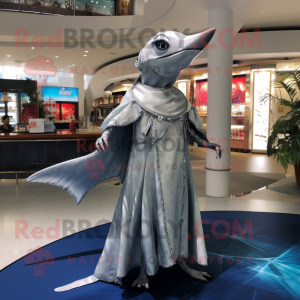 Silver Swordfish mascot costume character dressed with a Cocktail Dress and Shawls