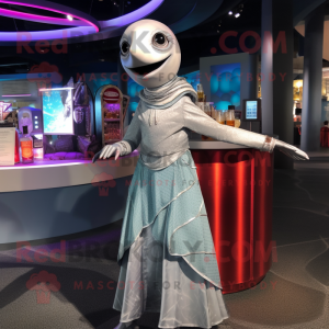 Silver Swordfish mascot costume character dressed with a Cocktail Dress and Shawls