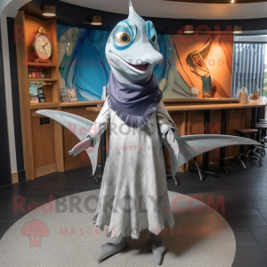 Silver Swordfish mascot costume character dressed with a Cocktail Dress and Shawls
