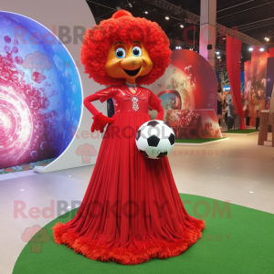 Red Soccer Goal mascot costume character dressed with a Evening Gown and Necklaces