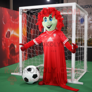 Red Soccer Goal mascot costume character dressed with a Evening Gown and Necklaces