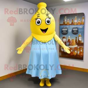 Sky Blue Bottle Of Mustard mascot costume character dressed with a Pleated Skirt and Shoe clips