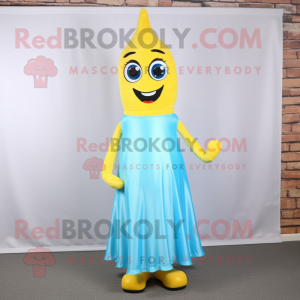 Sky Blue Bottle Of Mustard mascot costume character dressed with a Pleated Skirt and Shoe clips