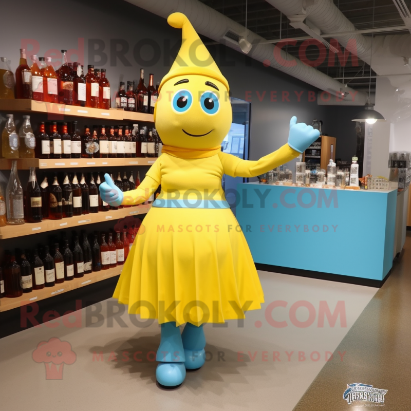 Sky Blue Bottle Of Mustard mascot costume character dressed with a Pleated Skirt and Shoe clips