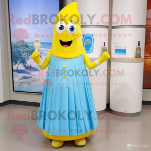 Sky Blue Bottle Of Mustard mascot costume character dressed with a Pleated Skirt and Shoe clips