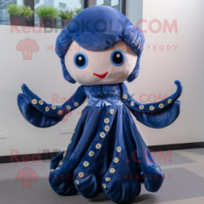 Navy Octopus mascot costume character dressed with a Dress and Hairpins