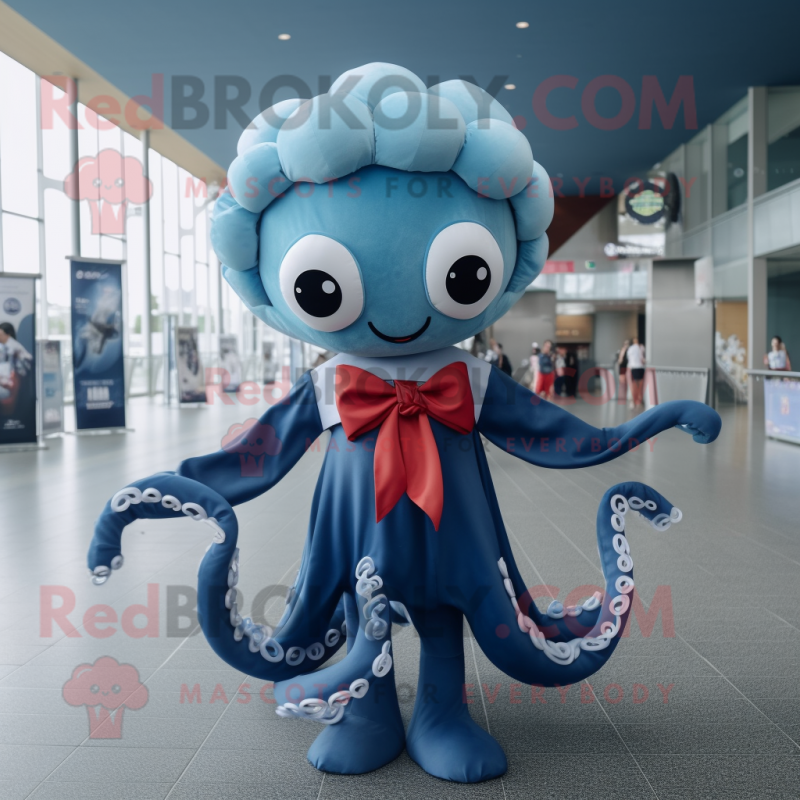 Navy Octopus mascot costume character dressed with a Dress and Hairpins