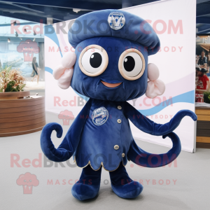 Navy Octopus mascot costume character dressed with a Dress and Hairpins