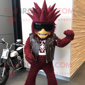 Maroon Pineapple mascot costume character dressed with a Biker Jacket and Scarf clips