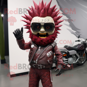 Maroon Pineapple mascot costume character dressed with a Biker Jacket and Scarf clips