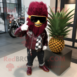 Maroon Pineapple mascot costume character dressed with a Biker Jacket and Scarf clips