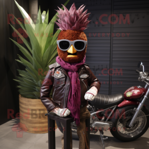 Maroon Pineapple mascot costume character dressed with a Biker Jacket and Scarf clips