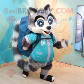 Cyan Raccoon mascot costume character dressed with a Skirt and Backpacks