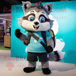 Cyan Raccoon mascot costume character dressed with a Skirt and Backpacks