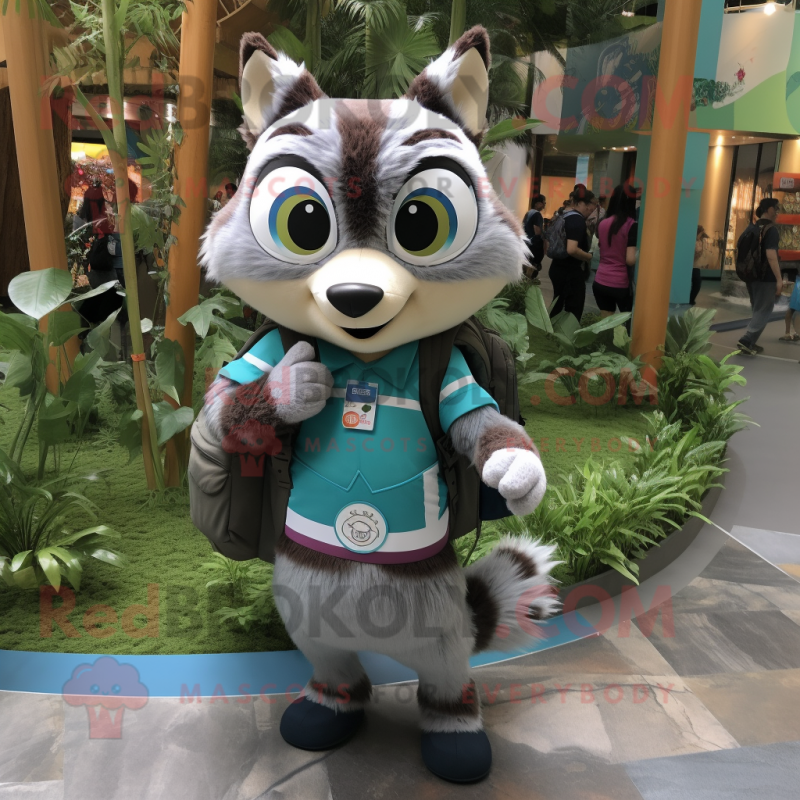 Cyan Raccoon mascot costume character dressed with a Skirt and Backpacks Cyan Raccoon mascot costume character dressed with a Skirt and Backpacks