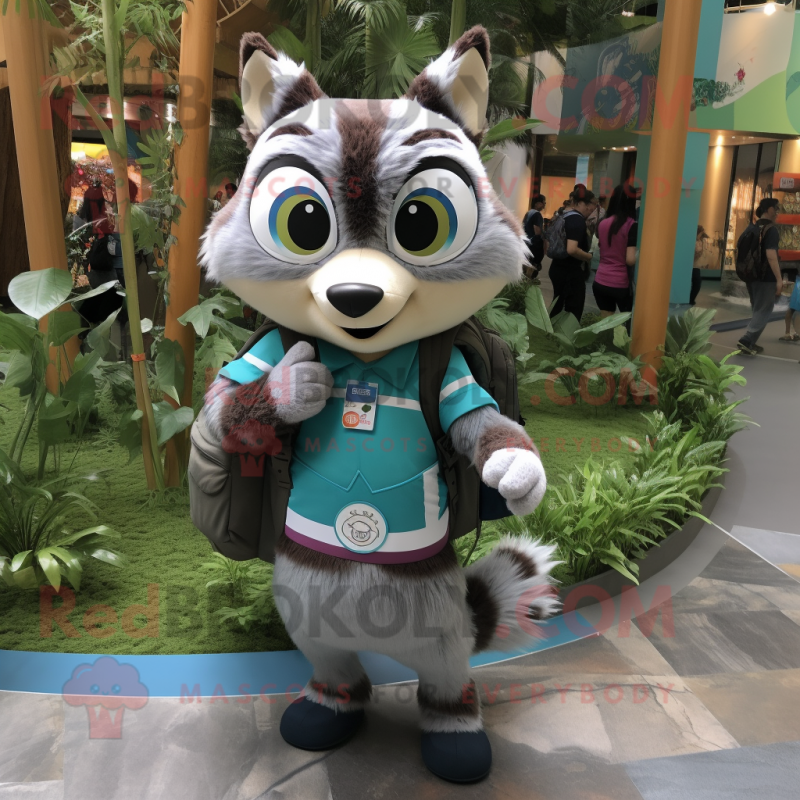 Cyan Raccoon mascot costume character dressed with a Skirt and Backpacks