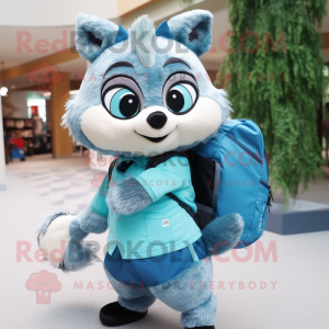 Cyan Raccoon mascot costume character dressed with a Skirt and Backpacks