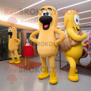 Gold Hot Dogs mascot costume character dressed with a Yoga Pants and Handbags