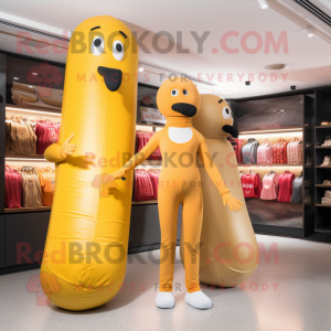 Gold Hot Dogs mascot costume character dressed with a Yoga Pants and Handbags
