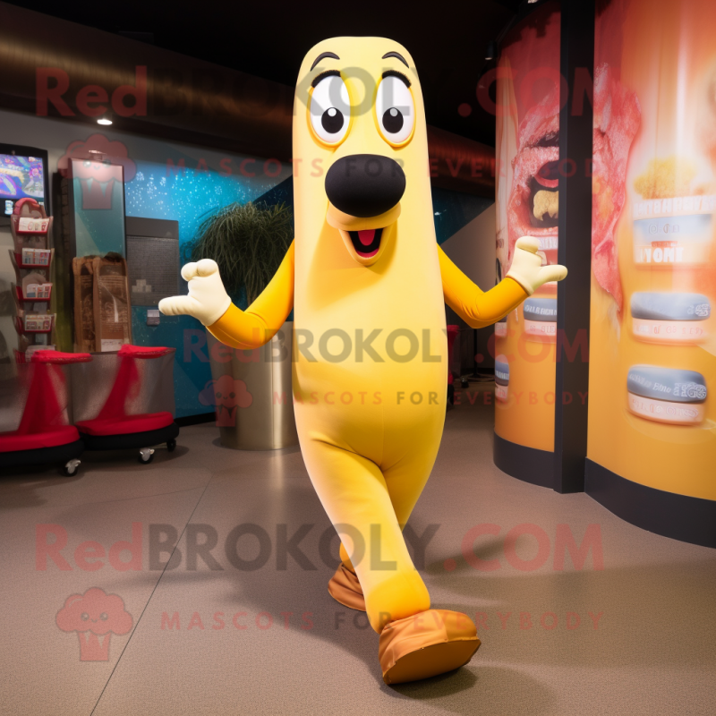 Gold Hot Dogs mascot costume character dressed with a Yoga Pants and Handbags Gold Hot Dogs mascot costume character dressed with a Yoga Pants and Handbags
