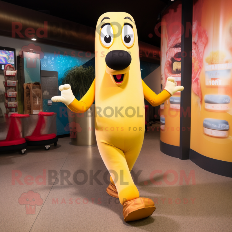 Gold Hot Dogs mascot costume character dressed with a Yoga Pants and Handbags