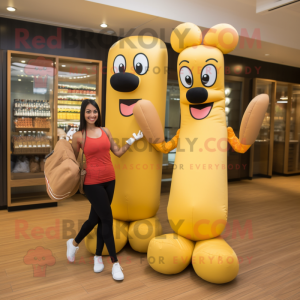 Gold Hot Dogs mascot costume character dressed with a Yoga Pants and Handbags