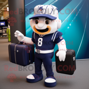 Navy American Football Helmet mascot costume character dressed with a Culottes and Briefcases