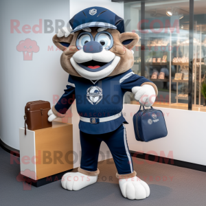 Navy American Football Helmet mascot costume character dressed with a Culottes and Briefcases