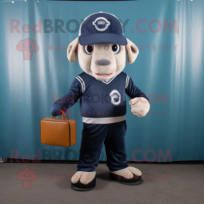 Navy American Football Helmet mascot costume character dressed with a Culottes and Briefcases