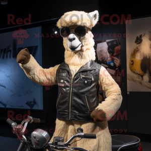 Tan Alpaca mascot costume character dressed with a Biker Jacket and Caps