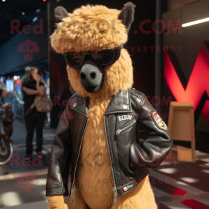 Tan Alpaca mascot costume character dressed with a Biker Jacket and Caps