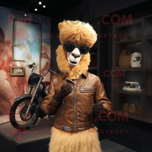 Tan Alpaca mascot costume character dressed with a Biker Jacket and Caps