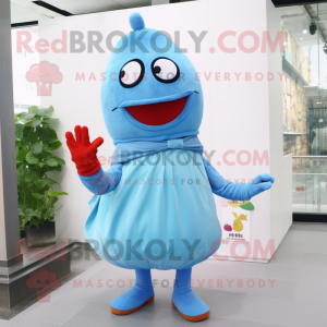 Sky Blue Pepper mascot costume character dressed with a Turtleneck and Scarves