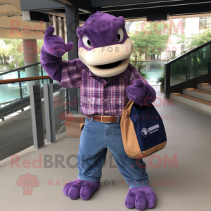 Purple Titanoboa mascot costume character dressed with a Flannel Shirt and Handbags