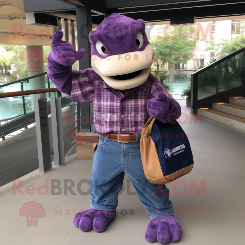 Purple Titanoboa mascot costume character dressed with a Flannel Shirt and Handbags Purple Titanoboa mascot costume character dressed with a Flannel Shirt and Handbags