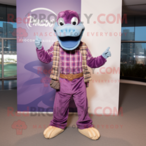 Purple Titanoboa mascot costume character dressed with a Flannel Shirt and Handbags