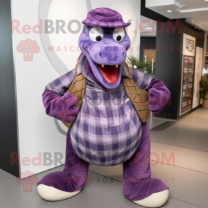 Purple Titanoboa mascot costume character dressed with a Flannel Shirt and Handbags