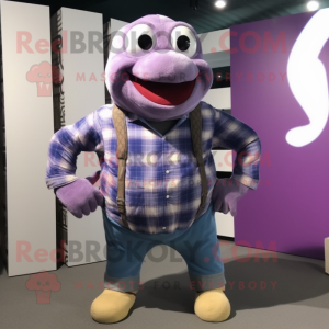 Purple Titanoboa mascot costume character dressed with a Flannel Shirt and Handbags