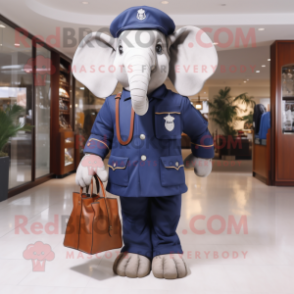 Navy Elephant mascot costume character dressed with a Jacket and Handbags