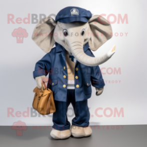 Navy Elephant mascot costume character dressed with a Jacket and Handbags