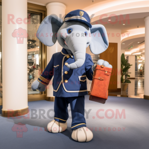 Navy Elephant mascot costume character dressed with a Jacket and Handbags