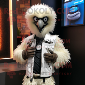 White Emu mascot costume character dressed with a Leather Jacket and Bracelet watches