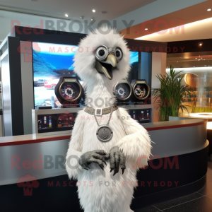 White Emu mascot costume character dressed with a Leather Jacket and Bracelet watches