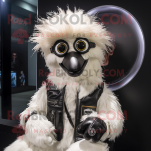 White Emu mascot costume character dressed with a Leather Jacket and Bracelet watches