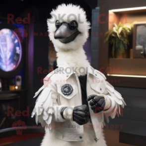 White Emu mascot costume character dressed with a Leather Jacket and Bracelet watches