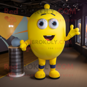 Yellow Human Cannon Ball mascot costume character dressed with a Graphic Tee and Hairpins